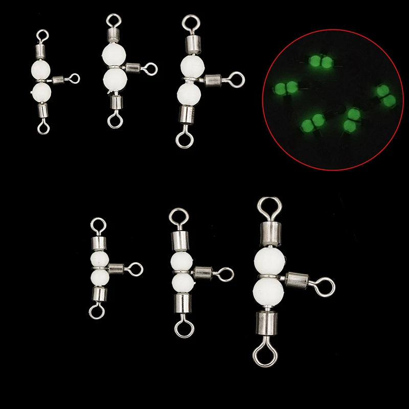 

10PCS/Lot Hot Sale 3 way luminous Swivels Connector Ball Bearing Swivel Snap Solid Rings Rolling Swivel Steel Sea Fishing Hook