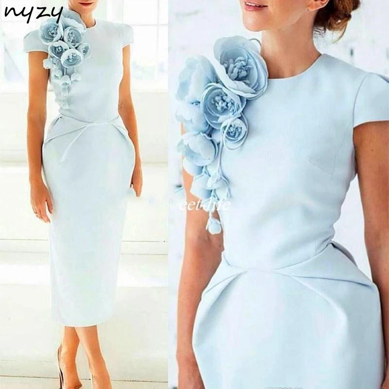 NYZY C4 Elegant Robe Cocktail Formal Dress Tea Length Handmade Rosettes Light Blue Satin Dress for Wedding Party Homecoming