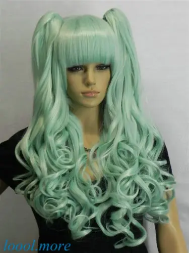 

shun Excellent Lolita Light blue Mix Long Wavy bangs Split Cosplay Wig USPS FastShipping to USA j0436 A0312)