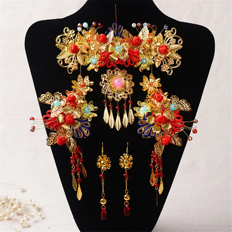 Chinese Style Handmade Red Crystal Bridal Jewelry Sets Headdress Hair