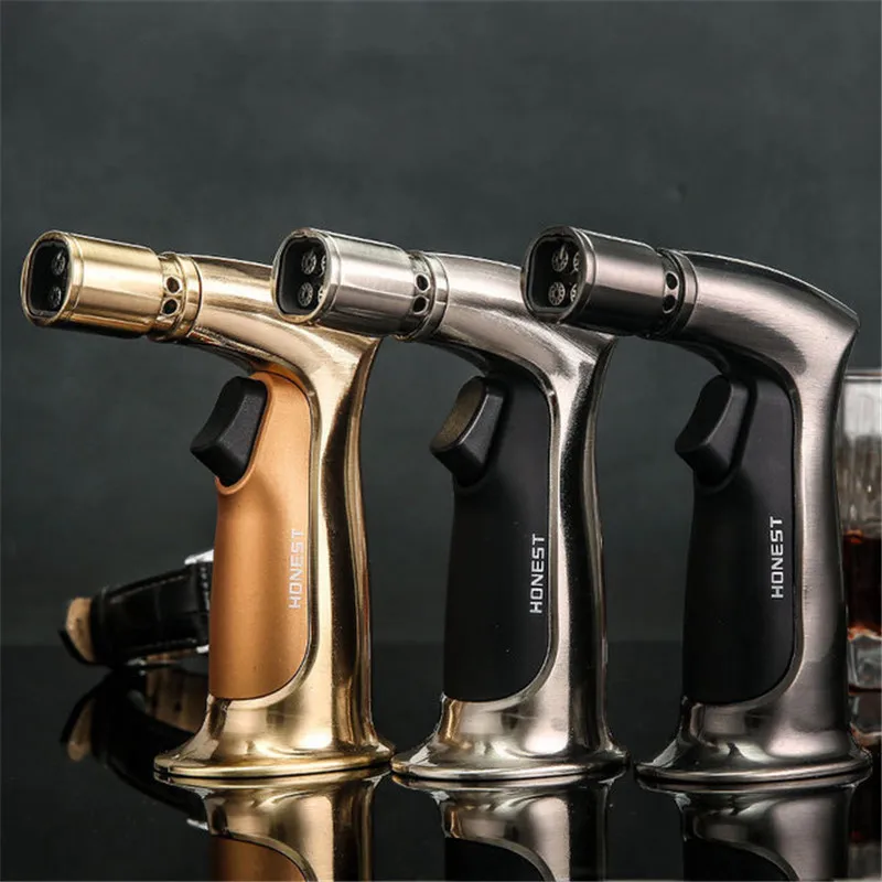 Billig 4 düsen Feuer Rohr Leichter Butan Jet Fackel Leichter Zigarre Gas Feuerzeug Freies Winddicht Spray Gun Für Outdoor Küche BBQ 1300 C