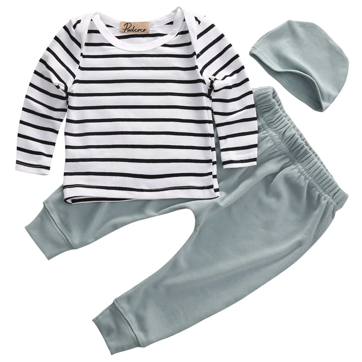 

3PCS Set Newborn Baby Boy Girls Tops Striped T Shirts Green Long Pants Hat Outfits Clothes 0-18M