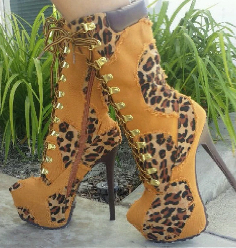 

2017 New Women Sexy 16 cm High Heels Leopard Print Martin Boots Round Toe Lace-up Platform Shoes Winter Anke Boots Botines Mujer