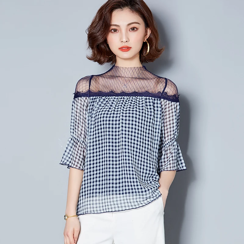 Loose Lace Gauze Plaid Printing Chiffon Blouse Shirt Women 2018 Summer