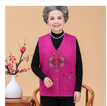 Новинка осени, вязаный кардиган для женщин среднего возраста, повседневный жилет размера плюс с вышивкой, жилет grandma's 60-70 лет, свитер R602 - Цвет: ROSE RED