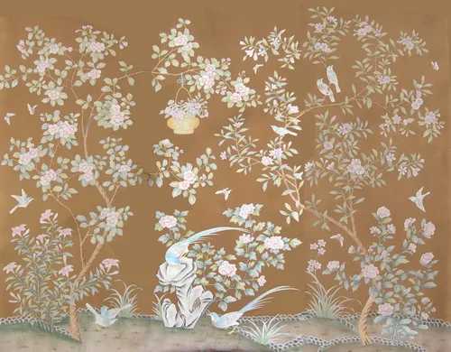 

Classic elegant Hand-painted silk wallpaper Customized painting flowers with birds and fence many patterns / background optional