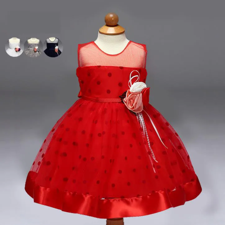 New arrival 2018 Wholesale Elegant Princess Evening Dress With Mesh Belt Simple Dot Flower Girls Dress Summer Communion Dress