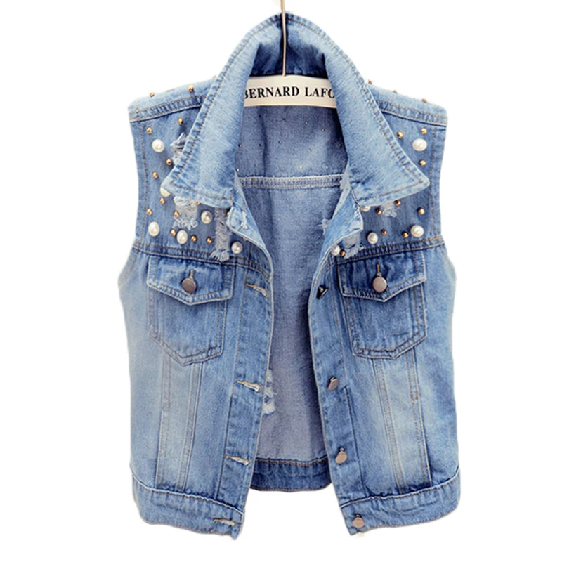 

2019 Korean Fashion Beaded Hole Short Denim Vest Women Waistcoats Sleeveless Coats Jackets Jeans Vest Female Tops Plus Size K895