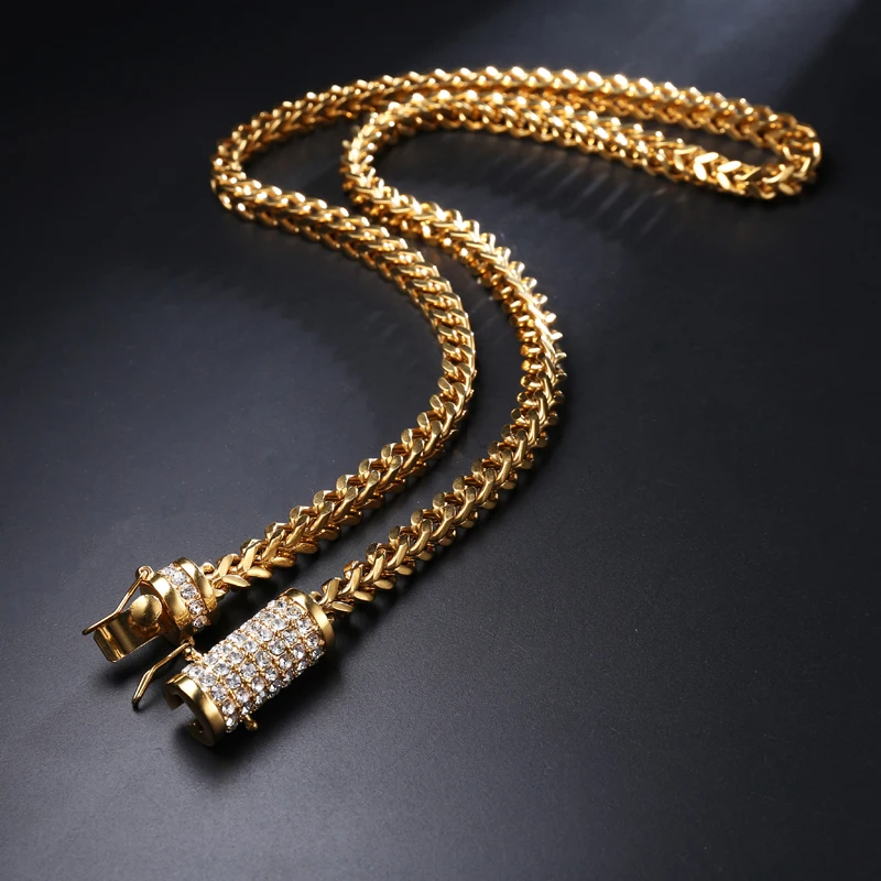

D&Z Rock Franco Necklace Mens Box Clasp Button Stainless Steel Upgrade Gold 24 Inches Chain Necklaces for Men Jewelry Hiphop