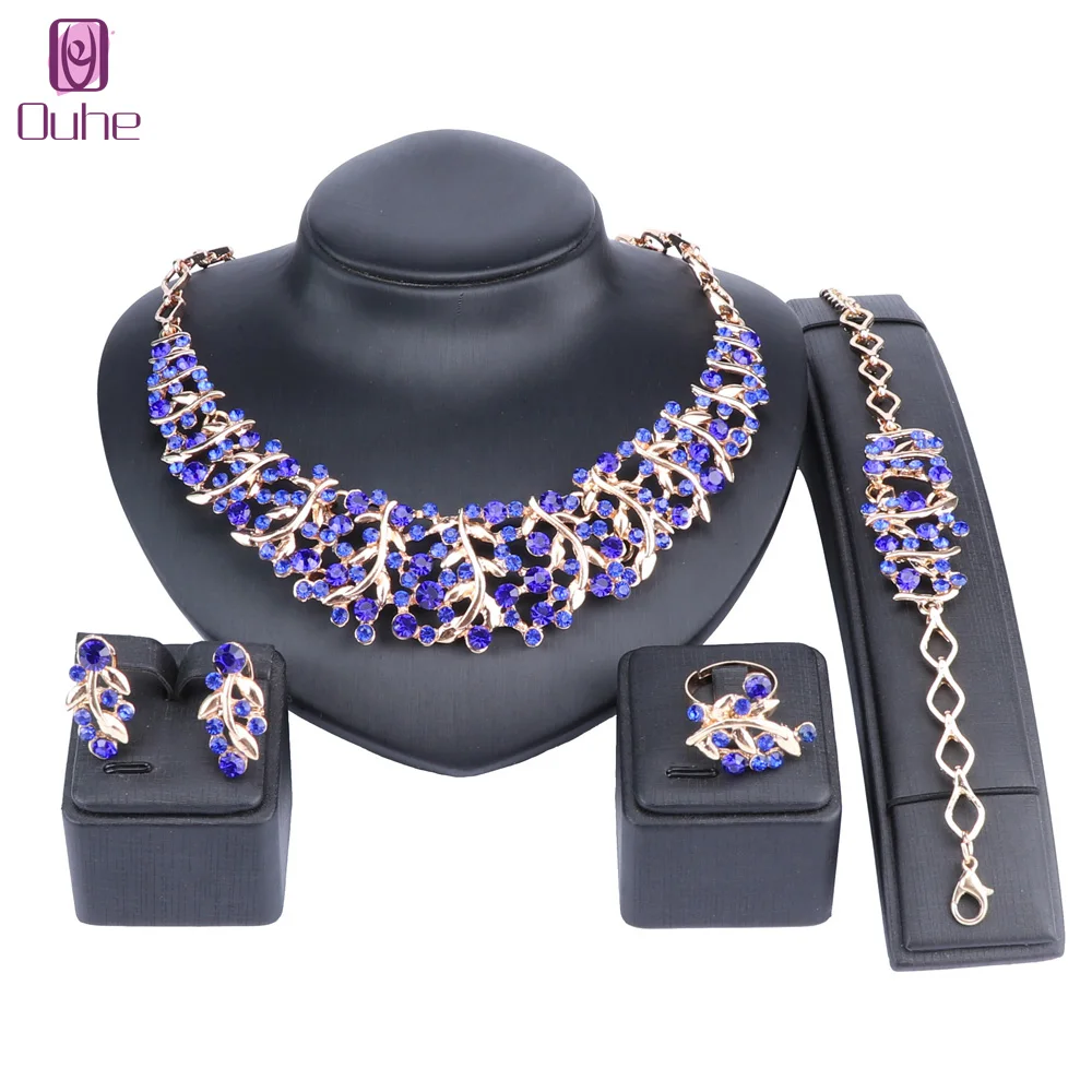 

Women Party Bridal Fine Crystal African Beads Jewelry Sets For Wedding Party Dinner Dress Necklace Earring Bracelet Ring Sets