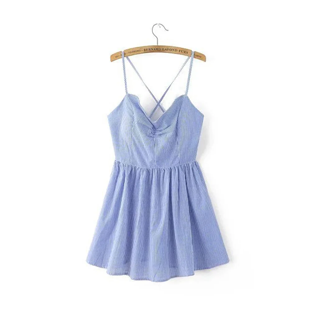 

Blue White Striped Pattern Spaghetti Strap Backless Halter Slim Casual A-Line Above Knee Mini Dress New Sexy Women Femme Trendy