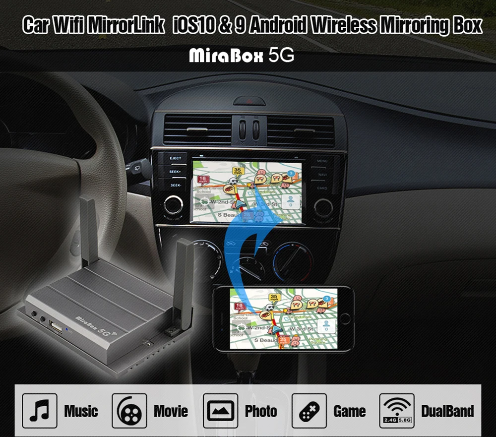 MiraBox 5G HDMI+CVBS Car WiFi Mirrorlink Box with Cigarette Lighter Plug for Car WiFi Display Airplay Screen Mirroring Miracast  (3)