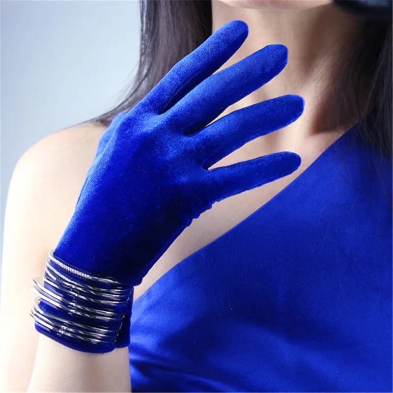 22 см синие велюровые перчатки короткие стильные королевские синие вечерние Vestido de noche высокие эластичные бархатные золотые велюровые перчатки для женщин WSR07
