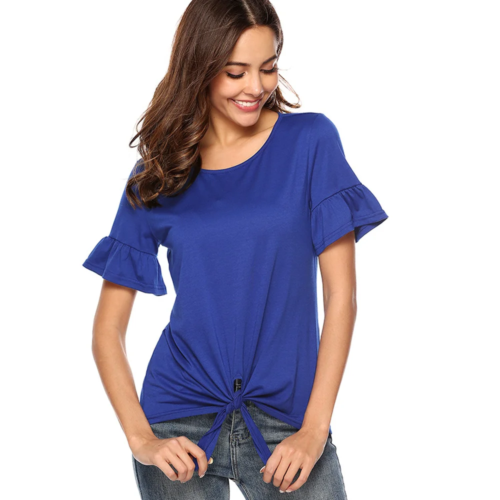 

NEW KPOP 2019 summer European and American women's knotted T-shirt new round neck lotus leaf sleeve solid color short sleeve