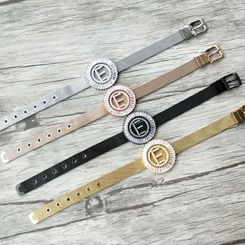 

4Pcs Copper mirco pave cz zircon letter E Pendant,Chic circle charm big initials Strap bracelet for women jewelry Findings BG189