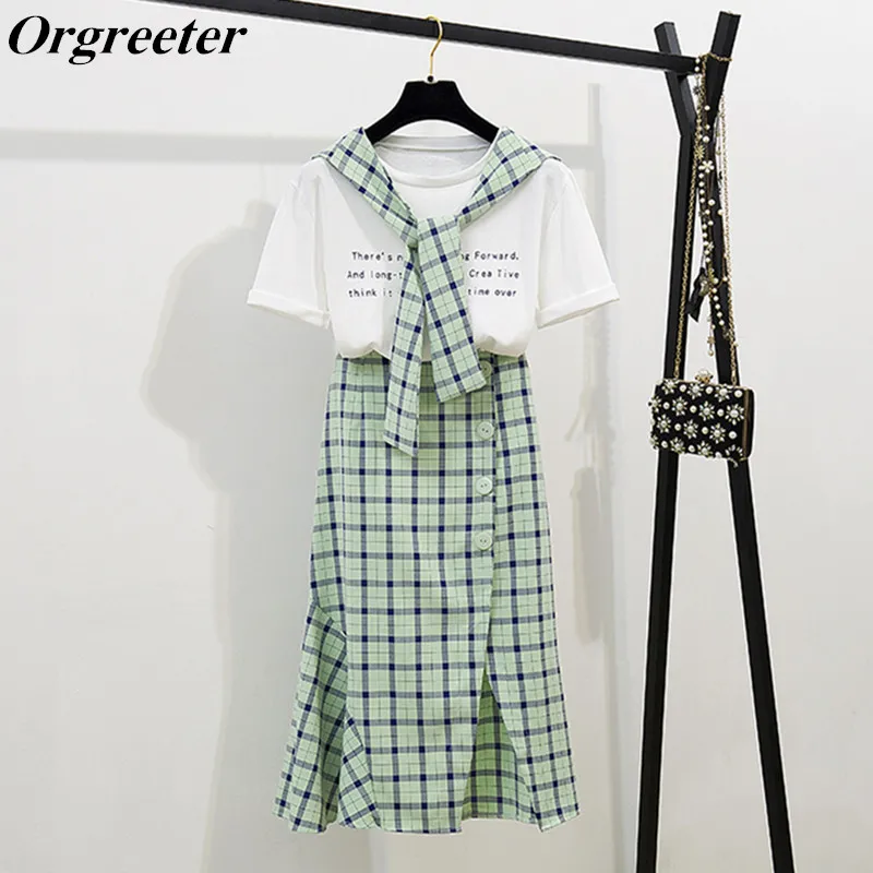 

Casual Student Girls Plaid Skirt two piece set Letter Print Bow Plaid shawl Tshirt and Bodycon Split Mid Skirt Suits Women