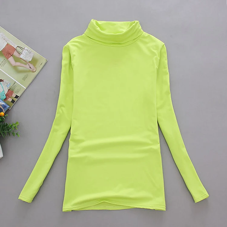 Новинка, зимняя Женская Базовая футболка с длинным рукавом, водолазка, эластичное нижнее белье, футболки для женщин, яркие цвета, топы, футболки - Цвет: light green