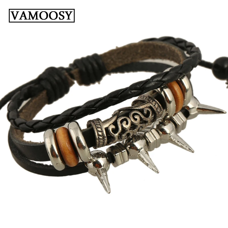 Brown Black TEMEGO Jewelry Mens Womens Alloy Genuine Leather Rope Bracelet Vintage Feather Charm Bangle Bracelet