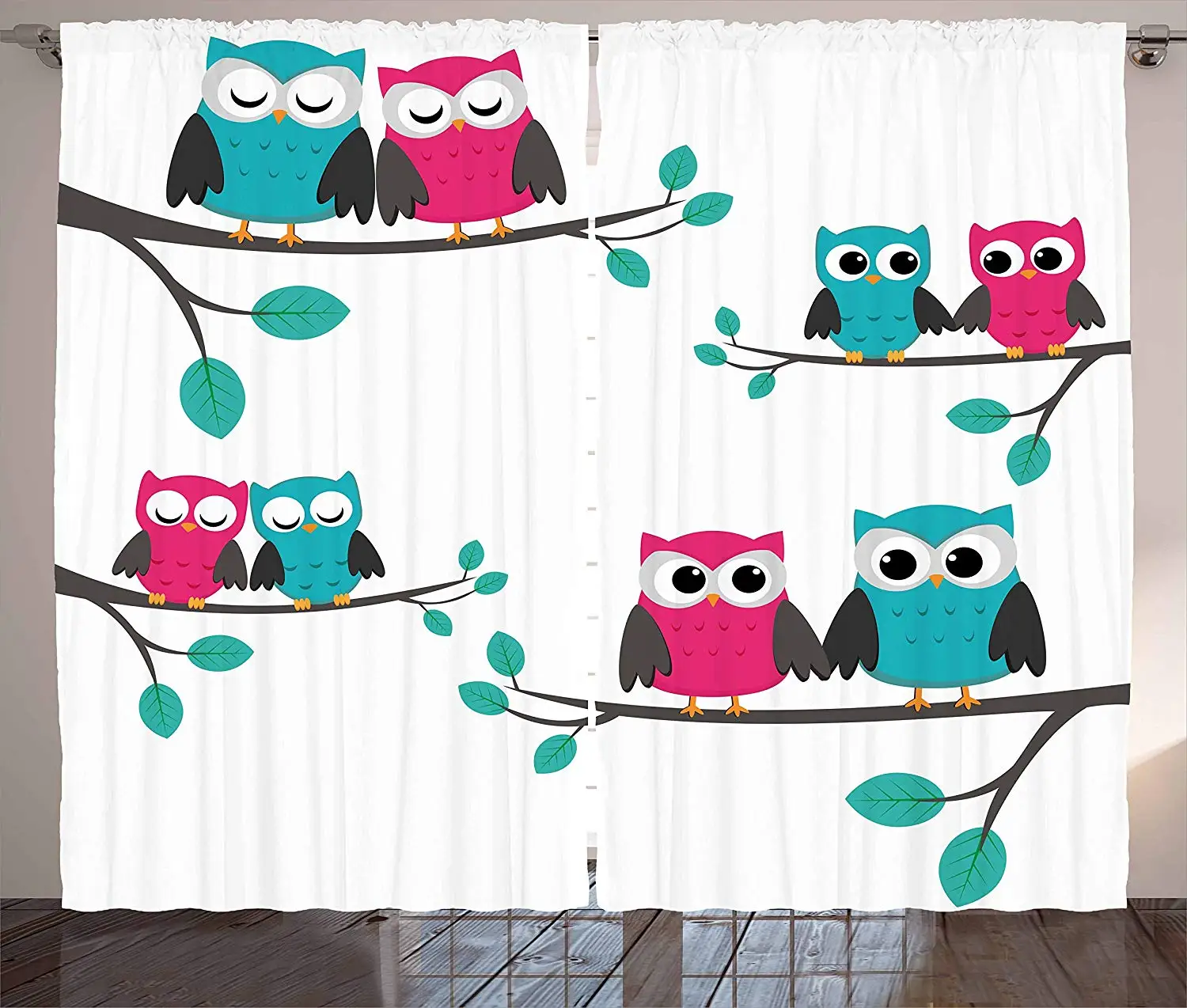 

Nursery Curtains Couples of Owls Sitting on Spring Branches Cute Funny Cartoon Characters Living Room Bedroom Window Drapes