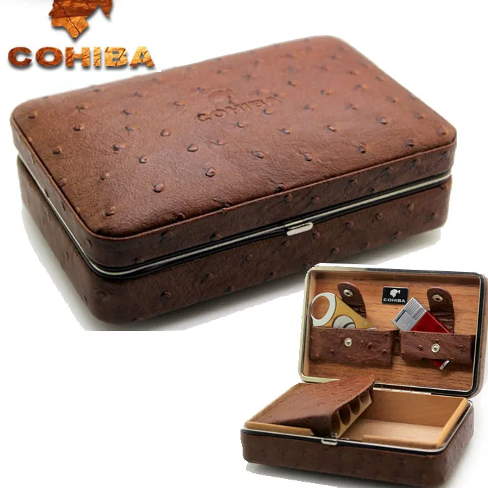 

(4 cigar) Cuban Cohiba Wood & Leather cigar humidors,cutter,Inflatable windproof gas lighter set Portable travel Cigar box,case