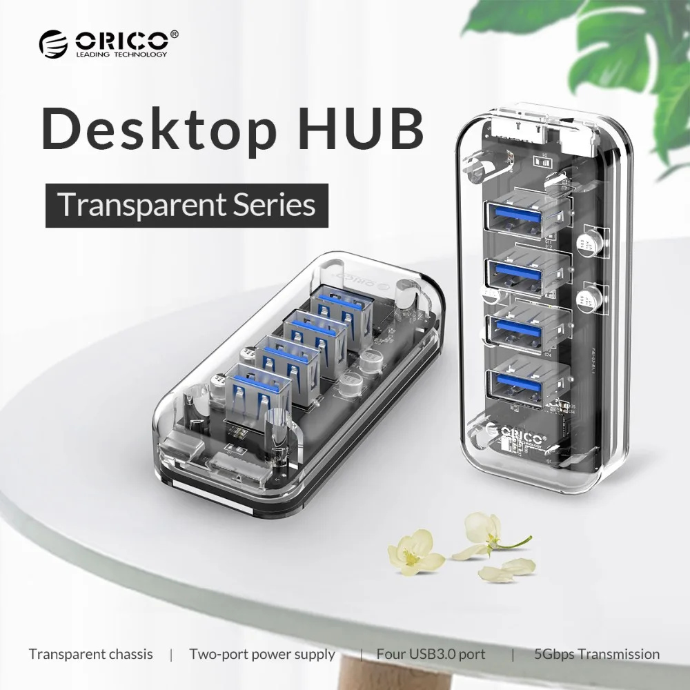 ORICO Настольный Прозрачный USB 3,0 концентратор 4 порта 5 Гбит/с высокоскоростное зарядное устройство для мобильного телефона Windows Mac Linux ноутбук ПК