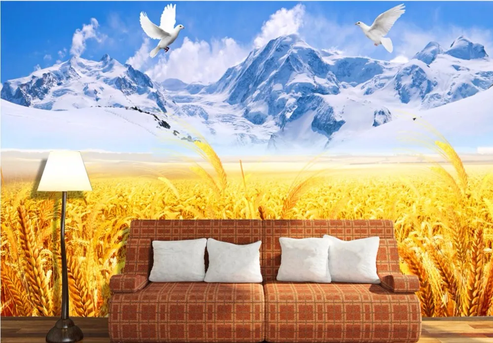 Kopen Custom photo 3d kamer behang Tarwe veld sneeuw bedekte berg home improvement schilderij 3d muurschilderingen behang voor muren 3 d