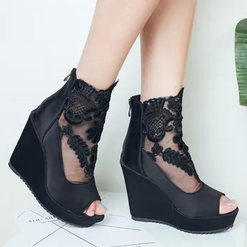 

CHIMIZHAI Women Shoes Wedges Heels 11CM Summer Sandals Platform Shoes Lace Women's Embroidery Sandals Gladiator MY226