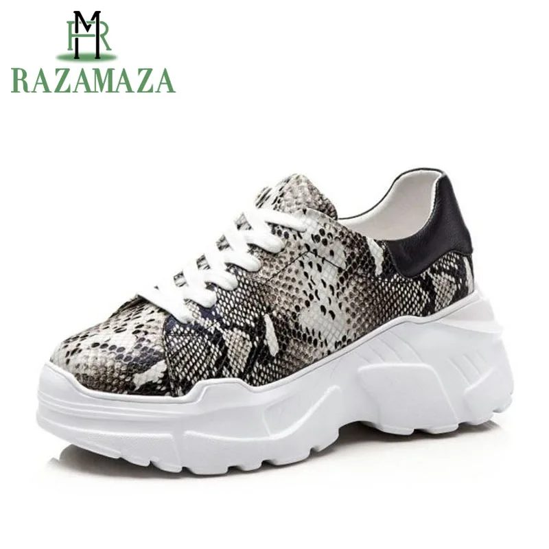 

RAZAMAZA Snakeskin Sneakers Women Genuine Leather Lace Up Platform Vulcanized Shoes Comfort Leisure Shoes Women Size 34-39