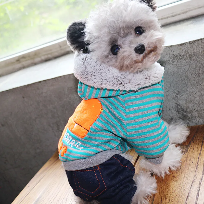 

Stripe Cute Dogs Pets Clothing Green Fur Hoodie Autumn Winter Animal Coverall Tracksuit For Small Medium Dachshund Yorkshire
