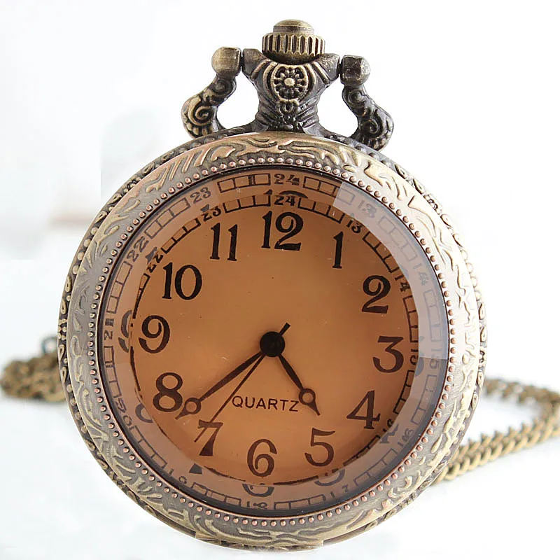 Vintage Brown Mirror Quartz Pocket Watch With Necklace Pendant Fob Wach Men Women Clock Gift classic muslim dsign silver vintage charm quartz pocket watch men women high quality pendant necklace hours clock gifts