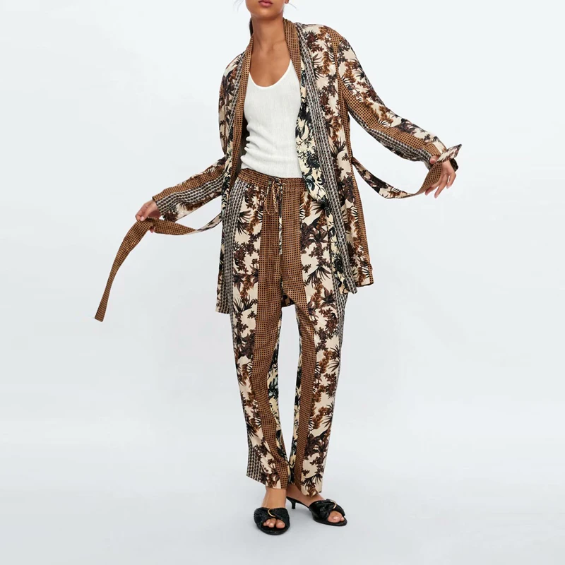 2019 New Print 2 Piece Set Women Vintage Belt Long Sleeve Female Outfit Clothing Blazer Coat and Pants Sets Women's Pant Suits