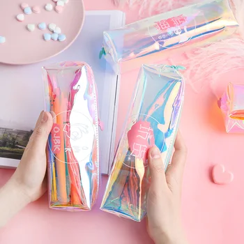 

BECODE Laser Color Transparent Pencil Case Personalized Text Stationery Storage Bag Colorful PVC School Supplies kids Pen Cases