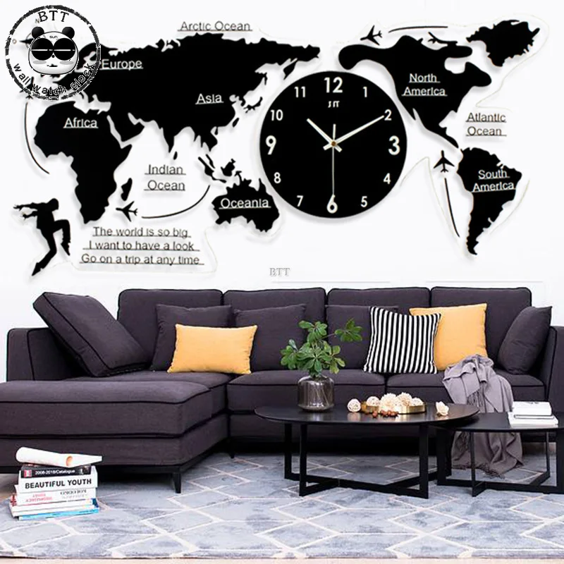 Скандинавские акриловые креативные часы с большой картой мира для гостиной настенные часы домашний Декор современный дизайн цифровые настенные часы