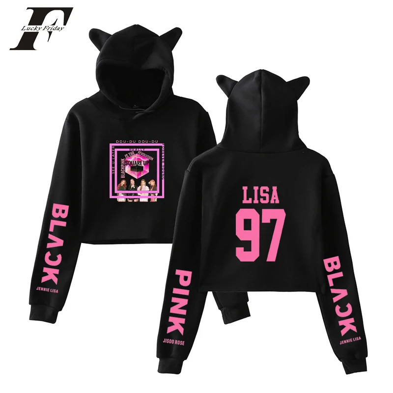 

2018 Blackpink kpop oversized hoodies sweatshirts women Black pink Lisa 97 cotton Crop Top Cat Hoodies women clothes Plus Size