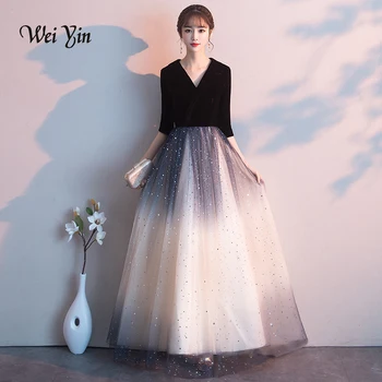 

weiyin Robe De Soiree Black 2019 Sexy Backless Long Evening Dress The Bride Elegant Banquet Tulle Lace V-neck Formal Party Gown