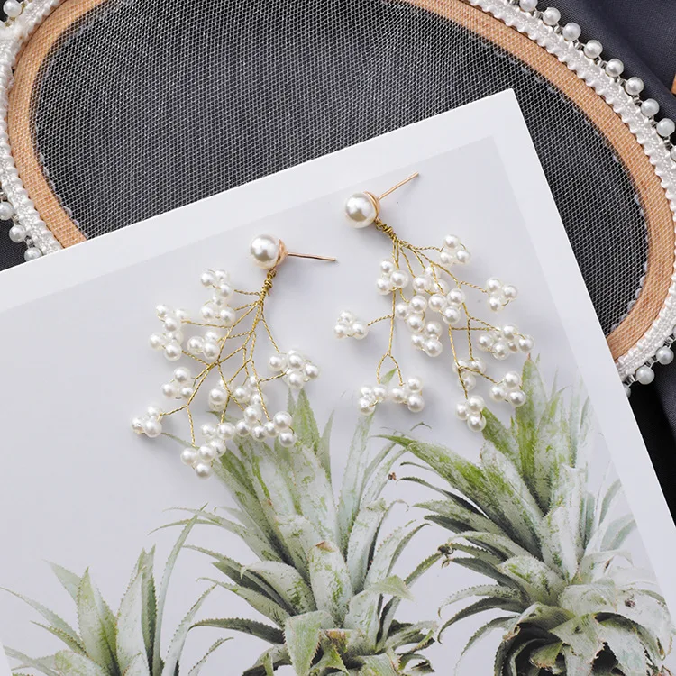 Latest Design Minimalism Gold Color Long Branches Pearls Drop Earrings For Women Ladies Chic Blossom Pearl Flower Dangle Earring