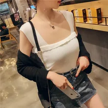 Новые летние пикантные декольте слово воротом широкий плечевой ремень дамы вязать короткий топ