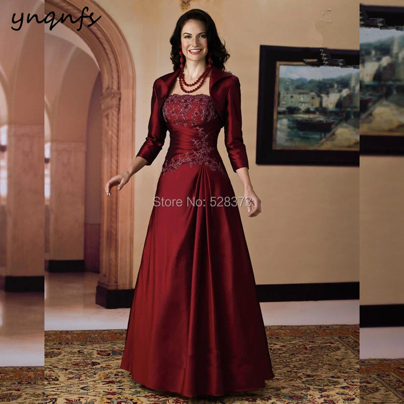 YNQNFS 2 Piece Burgundy Mother of the Bride Dresses with Jacket Bolero 3/4 Long Sleeve Groom Outfits Vintage Elegant MD300