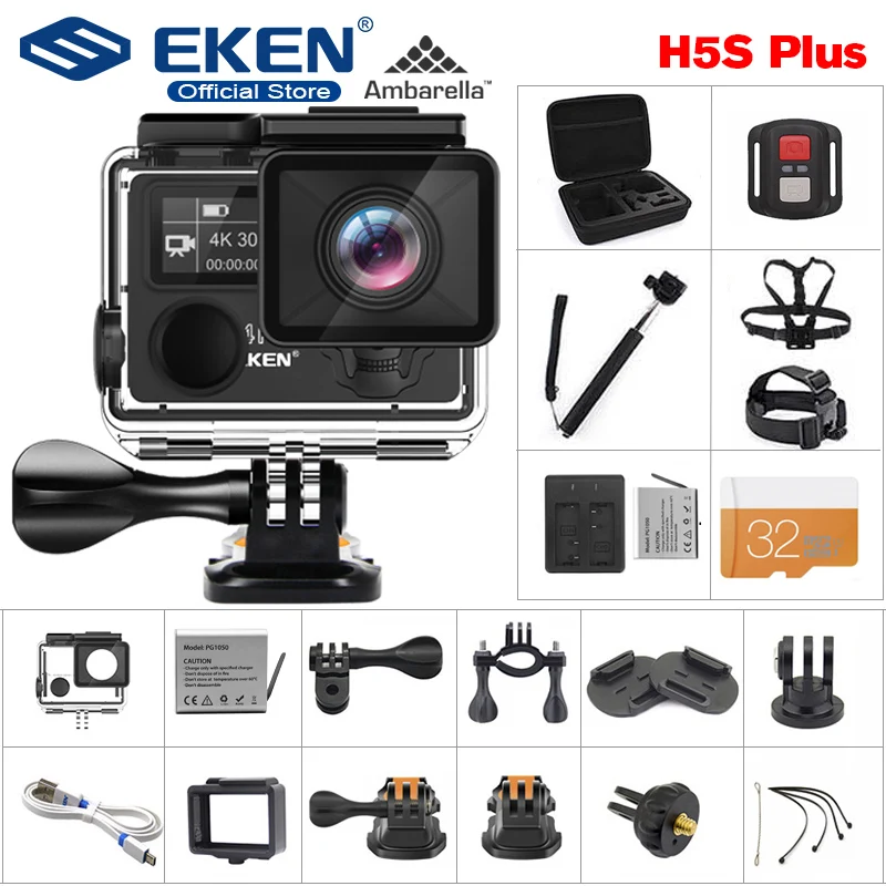 Скидка Экшн камера EKEN H5S Plus HD 4K 30fps EIS с чипом Ambarella A12 внутри 30 м водонепроницаемая Спортивная камера с сенсорным экраном 2,0 дюйма