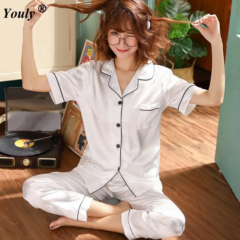

Silk Pajamas Women Satin Pajamas Set 2019 Spring Summer Short Sleeves Long Pants Ladies Silk Pajamas Men Sleepwear Nightwear Set