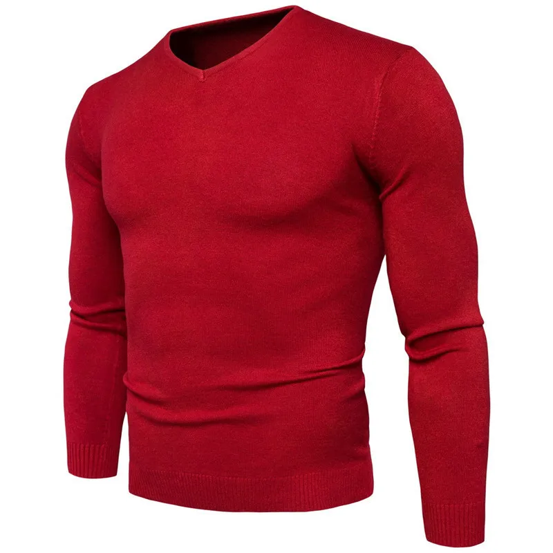 Осенне-зимний мужской свитер с v-образным вырезом модный однотонный мужской свитер с длинными рукавами M-2XL - Цвет: Красный