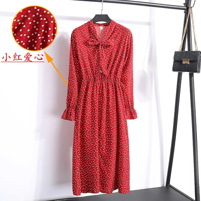 Шифоновое летнее платье для женщин миди повседневное красное цветочное с длинным рукавом офисные платья в горошек Vestido рубашка для дам платье