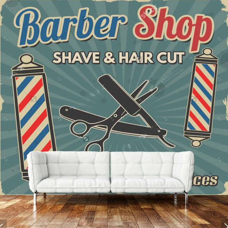 3D retro wallpaper, barber shop murals for the living room sofa barber