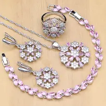 В форме цветка Милая принцесса 925 серебряные ювелирные наборы розовый кристалл белый циркон для женщин серьги/кулон/ожерелье/Кольцо/браслет