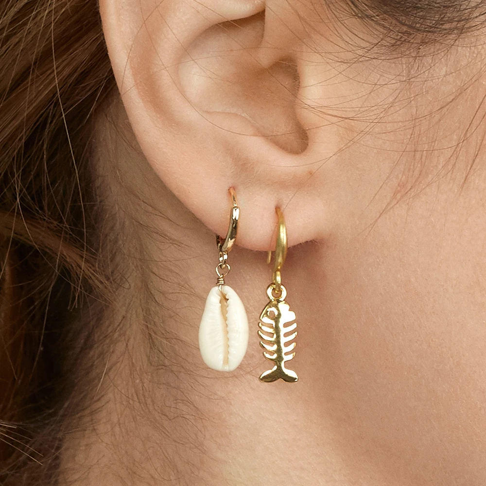 

New Design Gold Metal Fishbone Dangle Earring for Weomen Fashion Round Shell Statement Drop Earring Set Beach Party Jewelry Gift