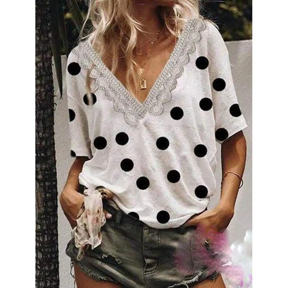 

SanHuaZ 2019 Summer Women's T-shirts Casual Beach V-neck Short Sleeve Dot Tassel Lace Women Loose T-shirts Tops