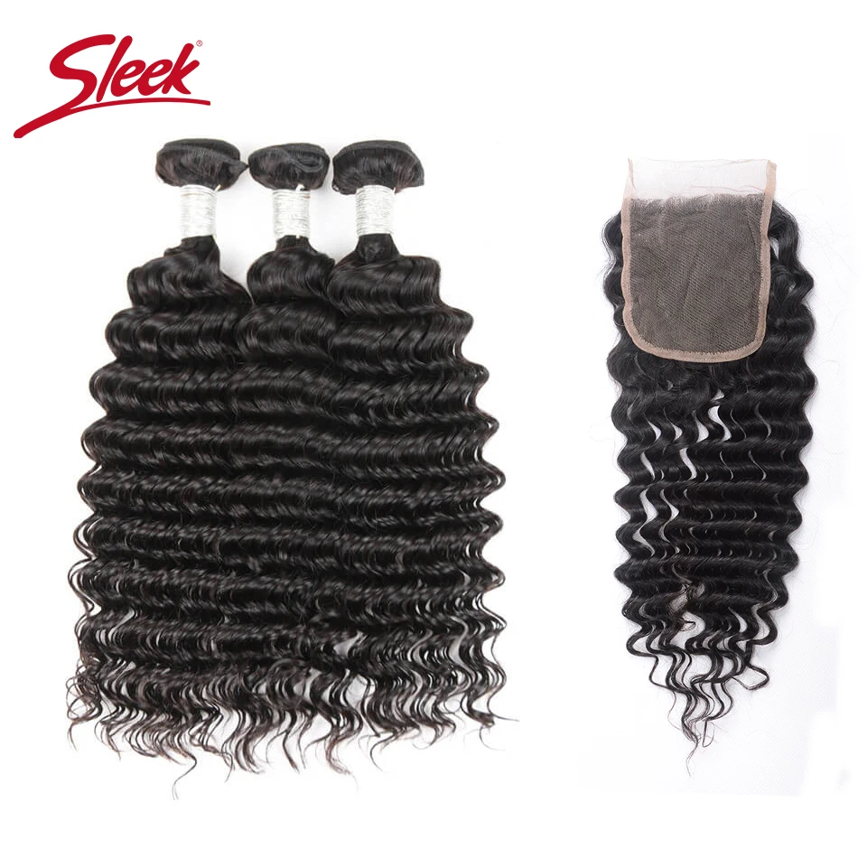 

Sleek Deep Wave Bundles With Closure 4 Pcs Natural Color Peruvian Hair 3 Bundles With Closure Free Shipping Remy Hair