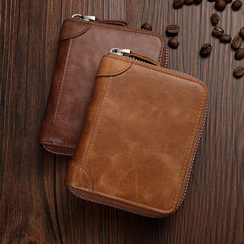 

Fashion zipper short men's wallet RFID wallet leather vintage genuine leather wallet change pocket brown high quality purse