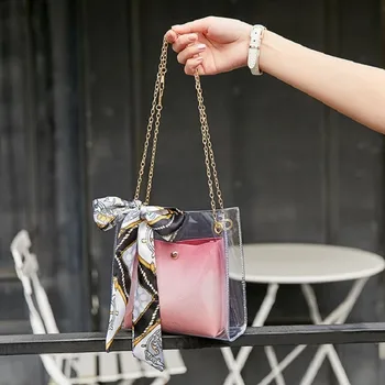 

TTOU Women Fashion Clear Bucket Transparent PVC Shoulder Bags Ladies Candy Color Mini Casual Chain Bags with Scarves Handbags