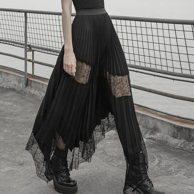 

PUNK RAVE Women New Punk Half Skirt Fashion Lace Stitching Hollow Irregular Black Gothic Skirts